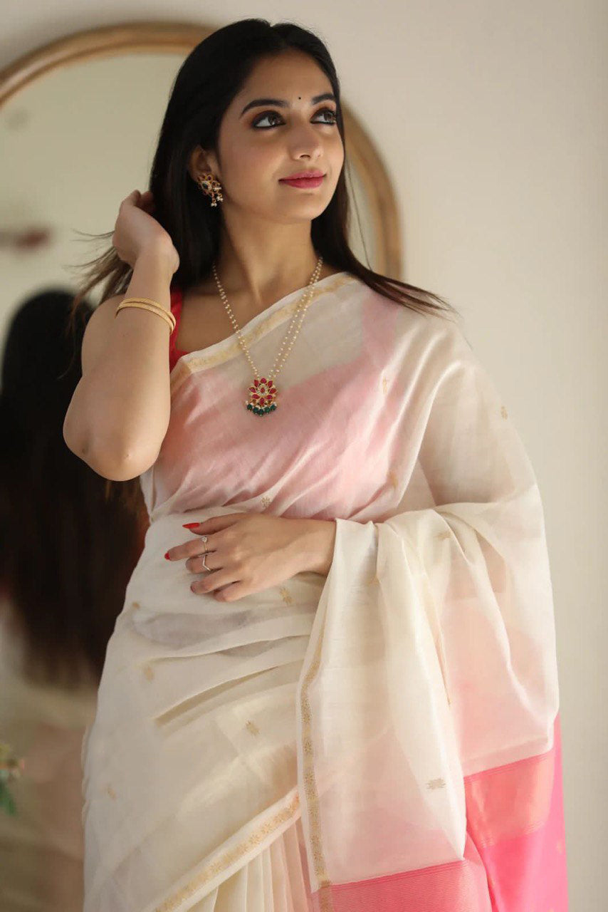 Adorning White Cotton Silk Saree With Gratifying Blouse Piece