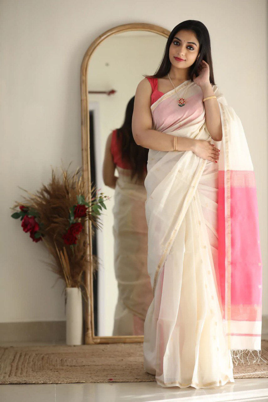 Adorning White Cotton Silk Saree With Gratifying Blouse Piece