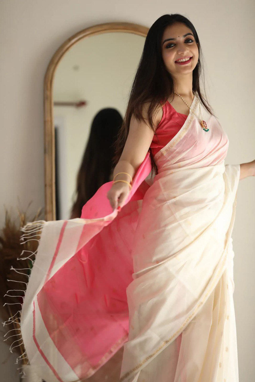 Adorning White Cotton Silk Saree With Gratifying Blouse Piece