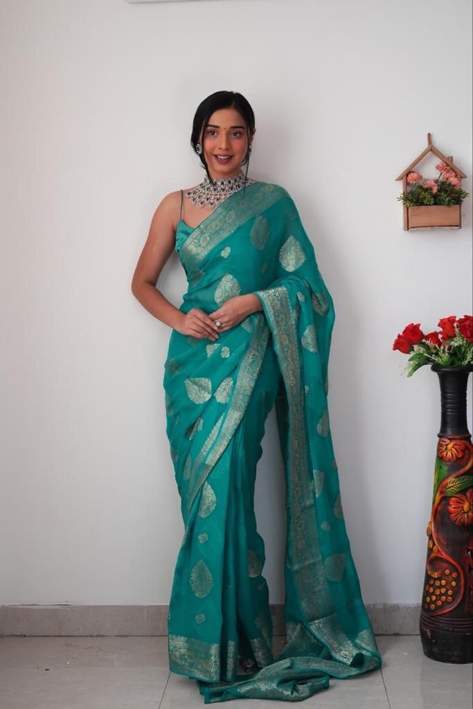 Elaborate 1-Minute Ready To Wear Sea Green Soft Silk Saree