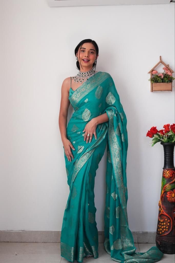 Elaborate 1-Minute Ready To Wear Sea Green Soft Silk Saree