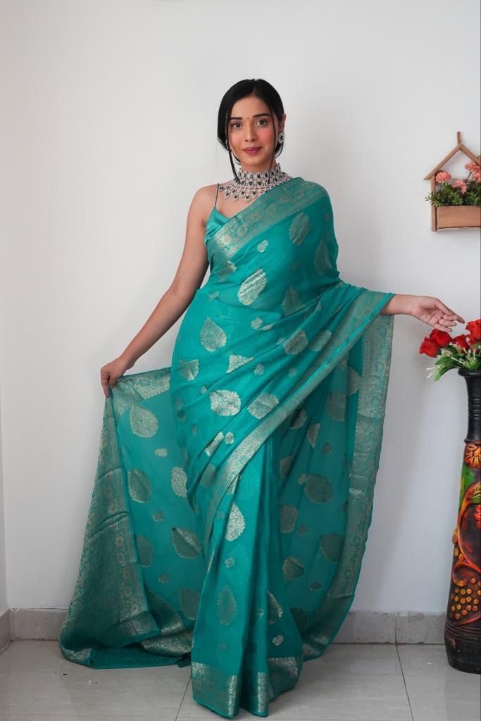 Elaborate 1-Minute Ready To Wear Sea Green Soft Silk Saree