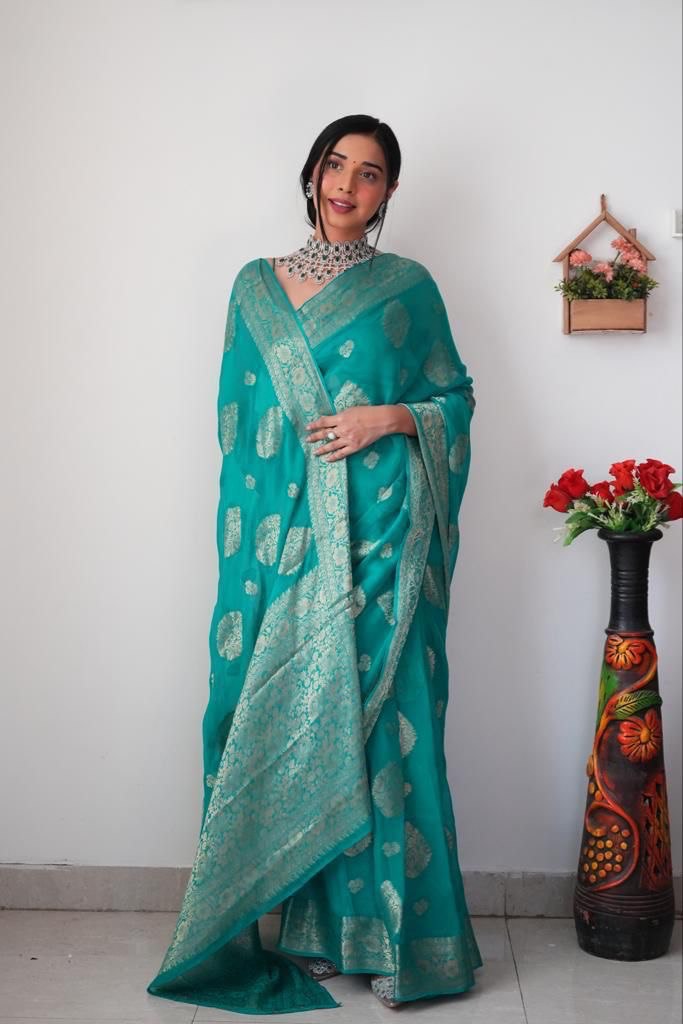 Elaborate 1-Minute Ready To Wear Sea Green Soft Silk Saree