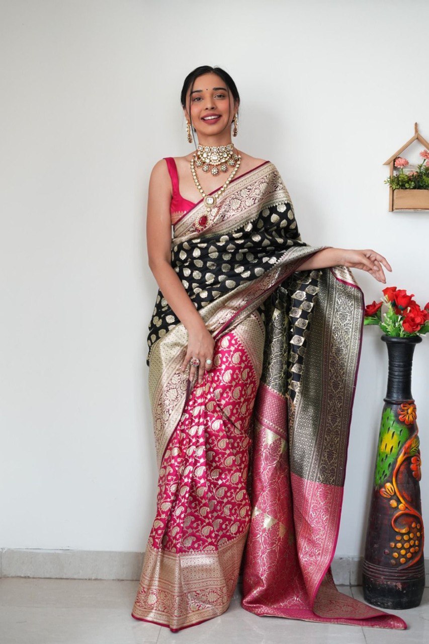 Amazing 1-Minute Ready To Wear Black Soft Silk Saree