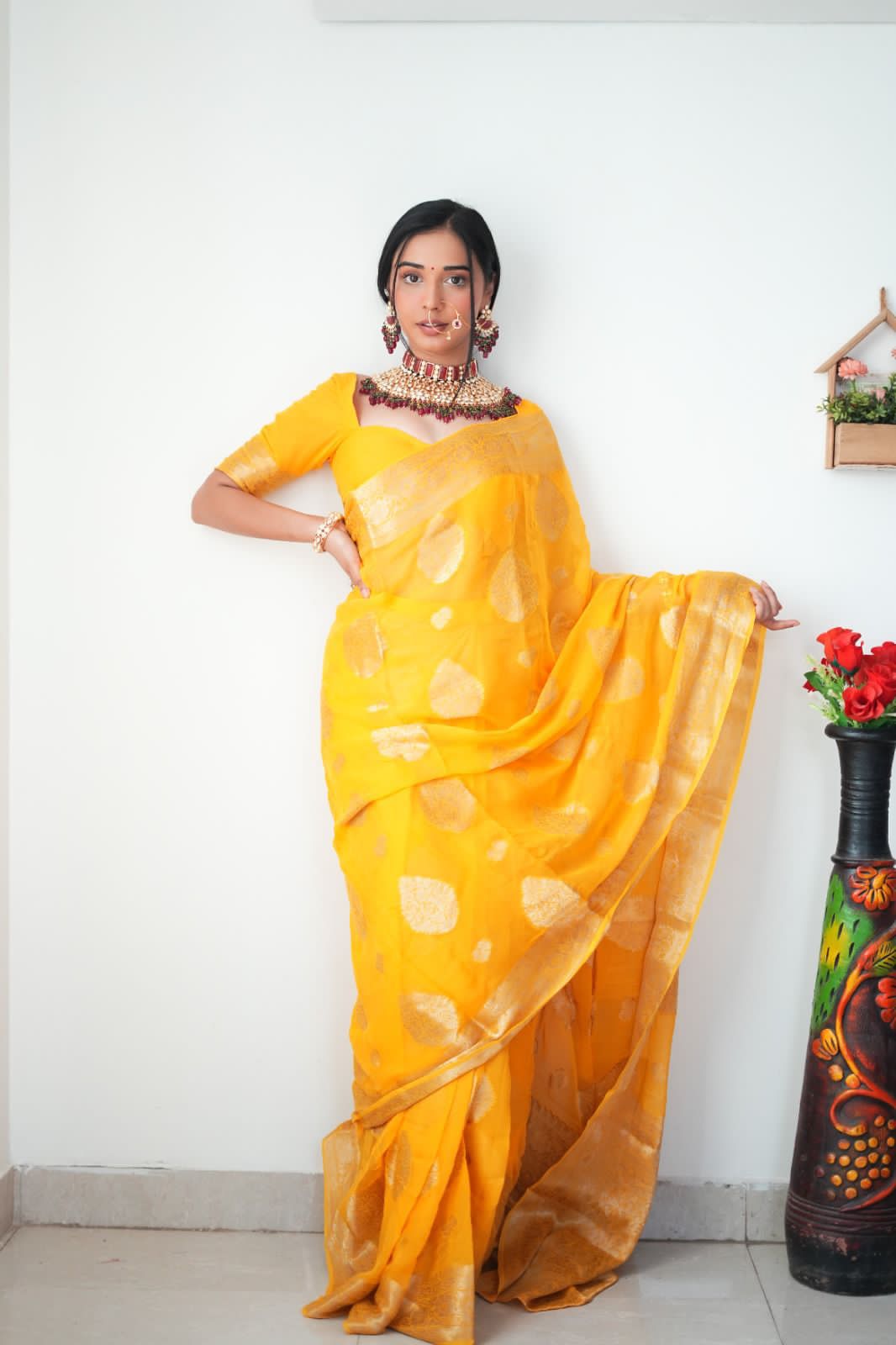 Scrupulous 1-Minute Ready To Wear Yellow Cotton Silk Saree