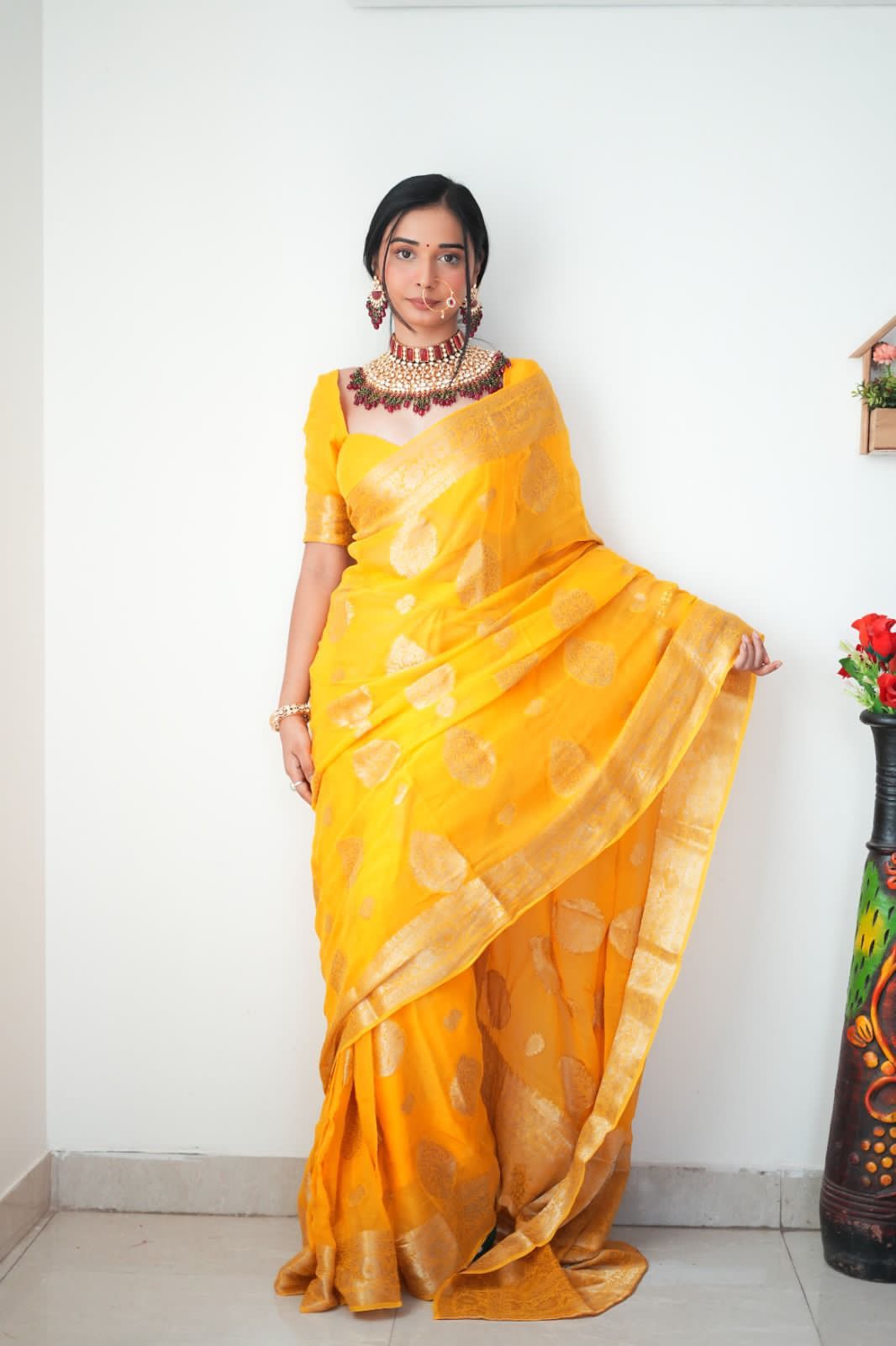 Scrupulous 1-Minute Ready To Wear Yellow Cotton Silk Saree