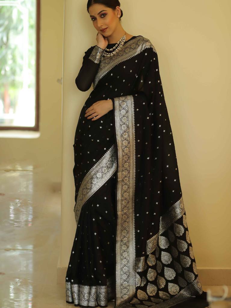 Ephemeral Black Cotton Silk Saree With Opulent Blouse Piece