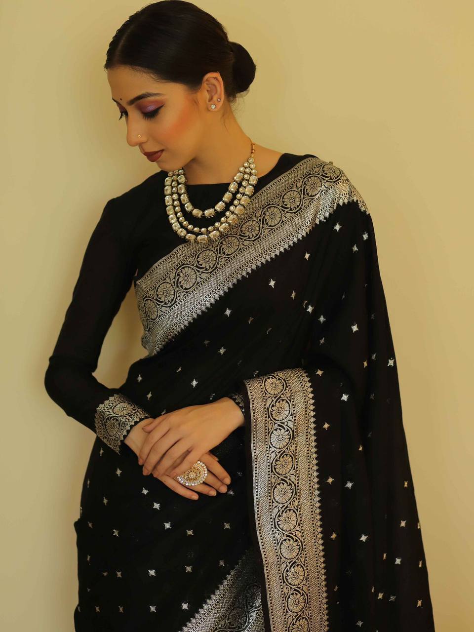 Ephemeral Black Cotton Silk Saree With Opulent Blouse Piece