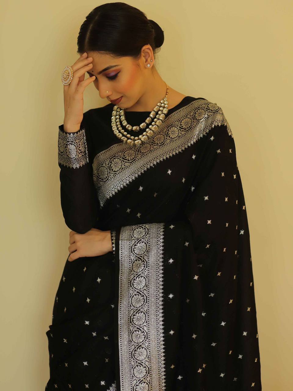 Ephemeral Black Cotton Silk Saree With Opulent Blouse Piece