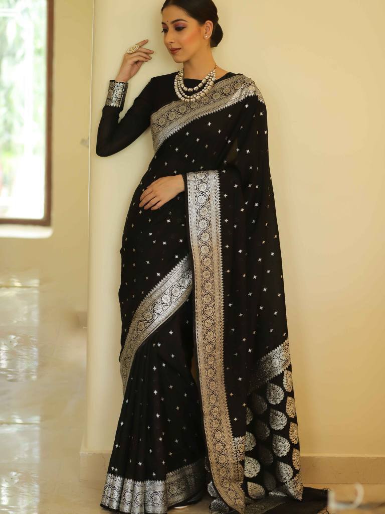 Ephemeral Black Cotton Silk Saree With Opulent Blouse Piece