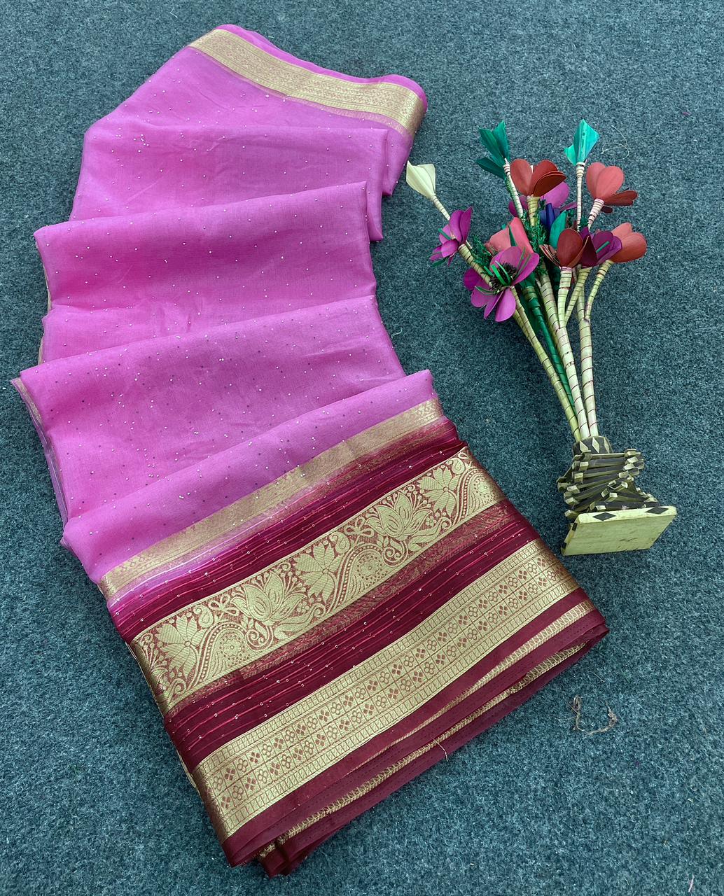 Mesmeric Dark Pink Organza Silk Saree With Evanescent Blouse Piece