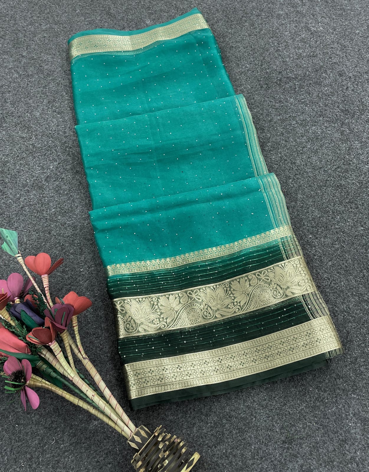 Blissful Sea Green Organza Silk Saree With Epiphany Blouse Piece