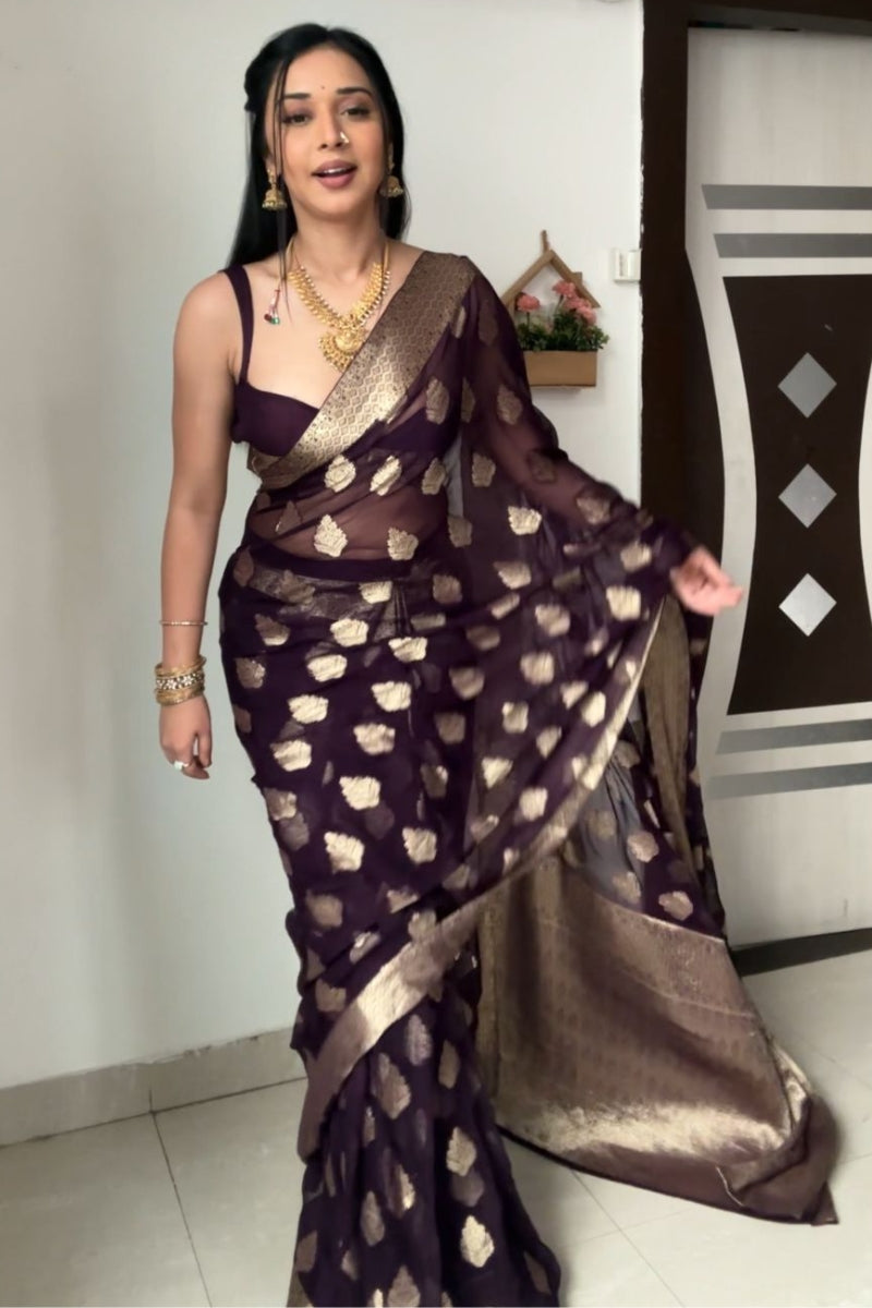 Ethnic 1-Minute Ready To Wear Dark Purple Cotton Silk Saree