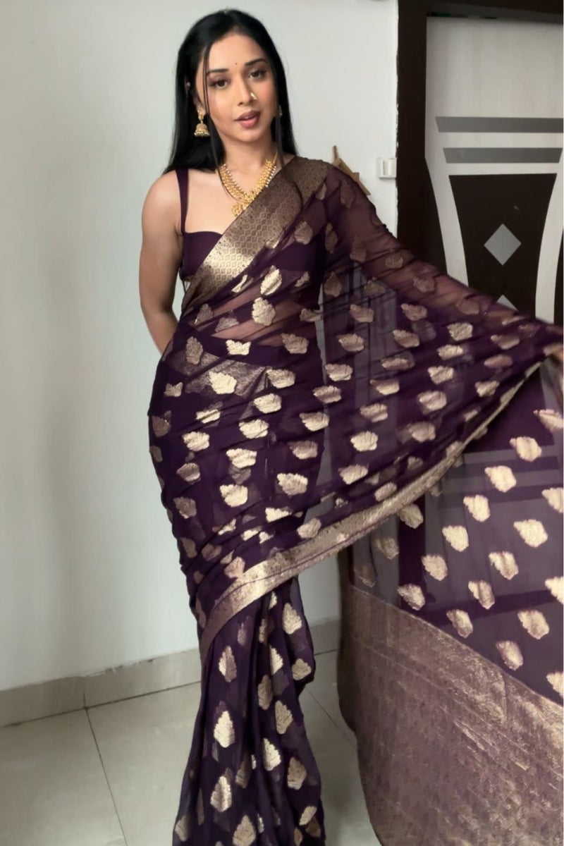 Ethnic 1-Minute Ready To Wear Dark Purple Cotton Silk Saree