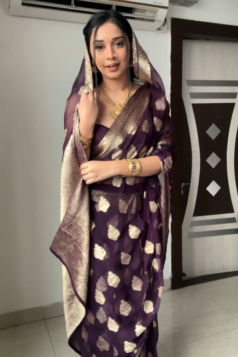 Ethnic 1-Minute Ready To Wear Dark Purple Cotton Silk Saree