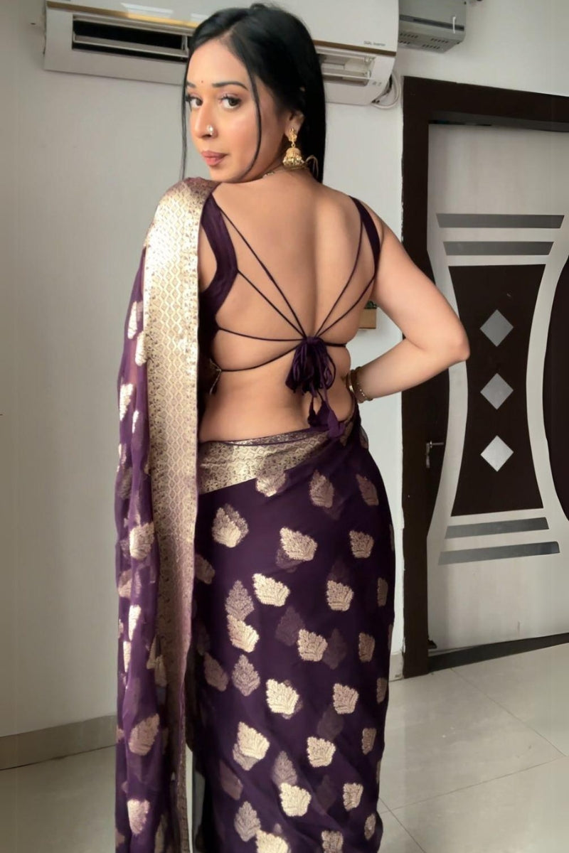 Ethnic 1-Minute Ready To Wear Dark Purple Cotton Silk Saree