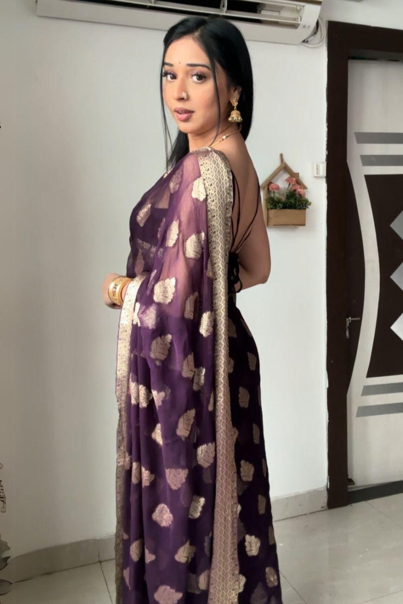 Ethnic 1-Minute Ready To Wear Dark Purple Cotton Silk Saree