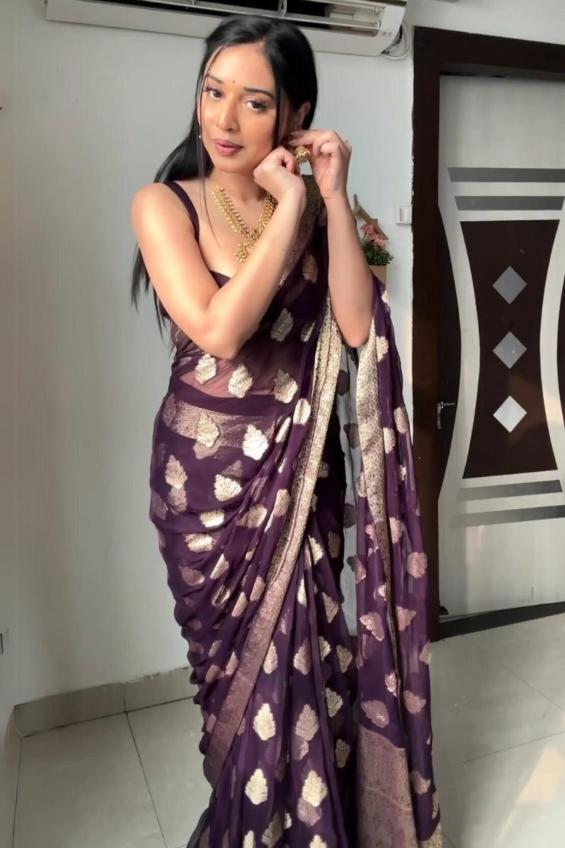 Ethnic 1-Minute Ready To Wear Dark Purple Cotton Silk Saree