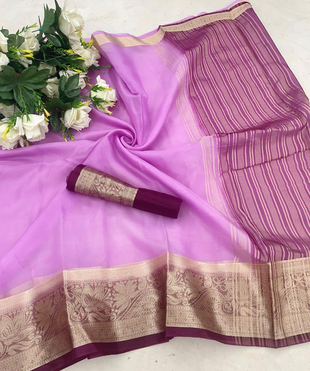 Prodigal Lavender Orgenza Silk Saree With Posh Blouse Piece