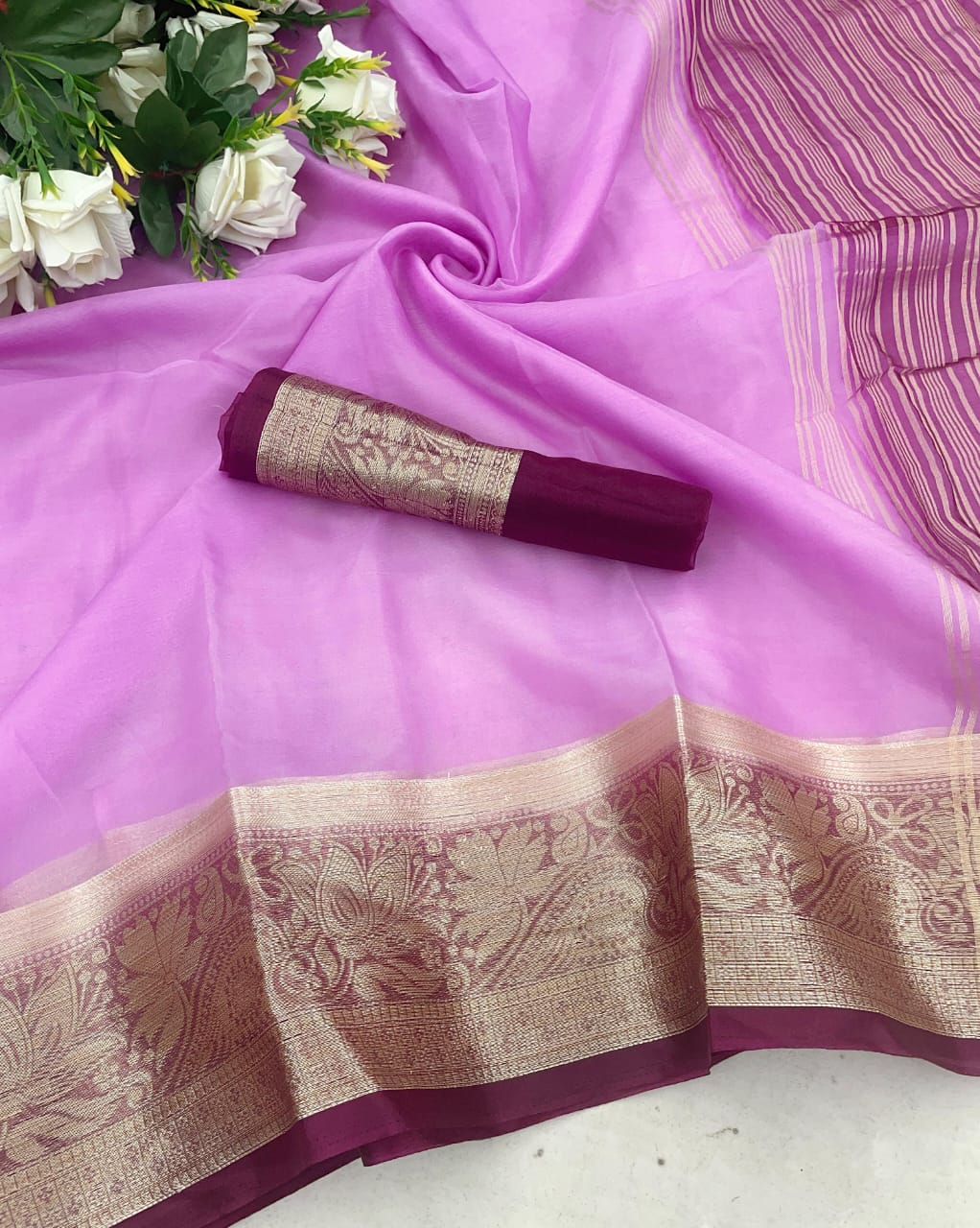 Prodigal Lavender Orgenza Silk Saree With Posh Blouse Piece