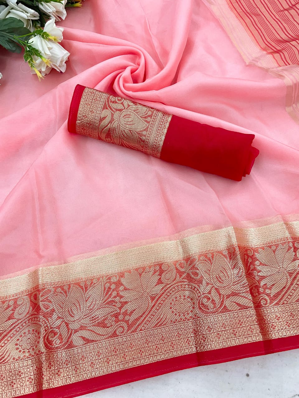 Improbable Pink Orgenza Silk Saree With Rhapsody Blouse Piece