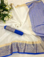 Efflorescence White and Blue Orgenza Silk Saree With Tempting Blouse Piece