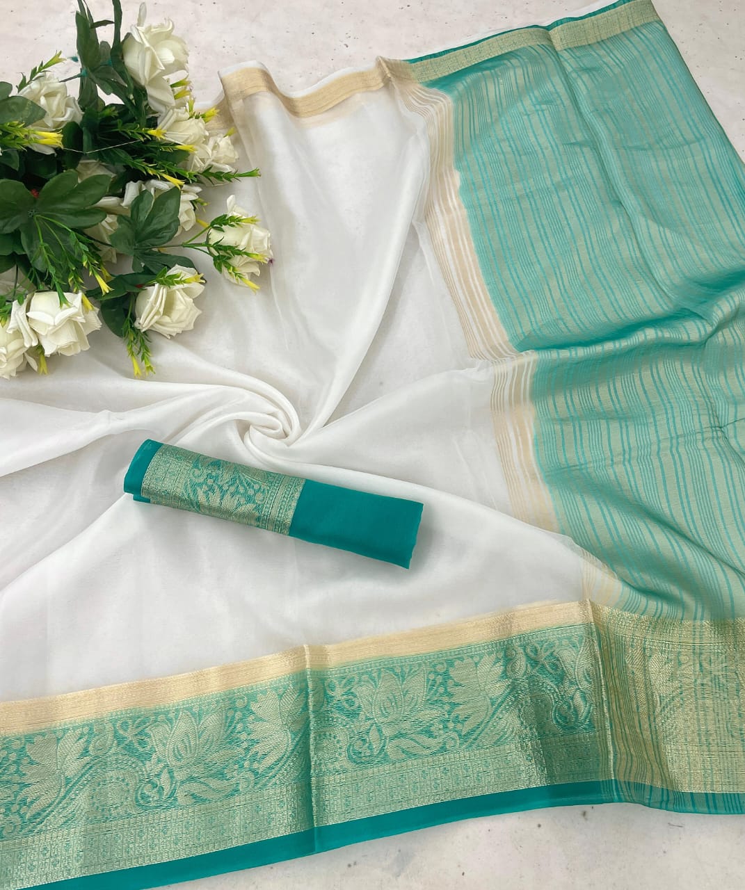 Effervescent White and Firozi Orgenza Silk Saree With Snappy Blouse Piece