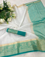 Effervescent White and Firozi Orgenza Silk Saree With Snappy Blouse Piece