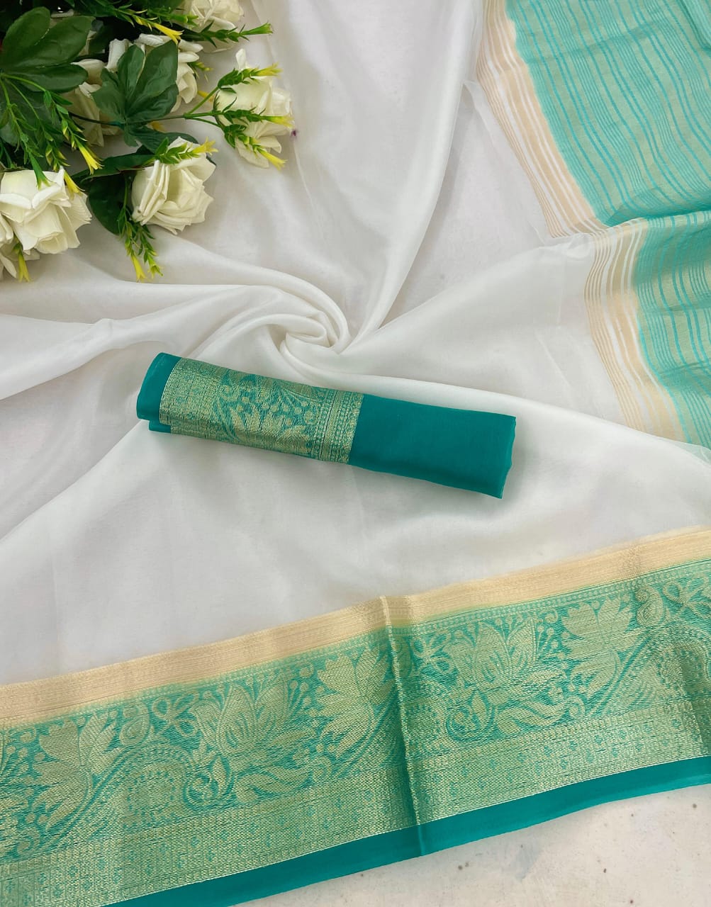 Effervescent White and Firozi Orgenza Silk Saree With Snappy Blouse Piece