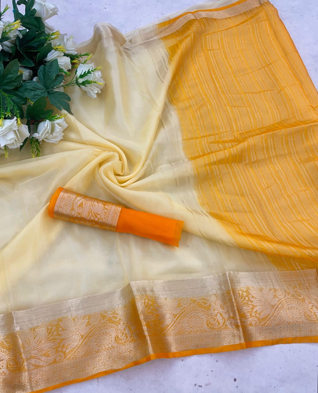 Ebullience White and Orange Orgenza Silk Saree With Fantabulous Blouse Piece