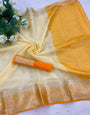 Ebullience White and Orange Orgenza Silk Saree With Fantabulous Blouse Piece