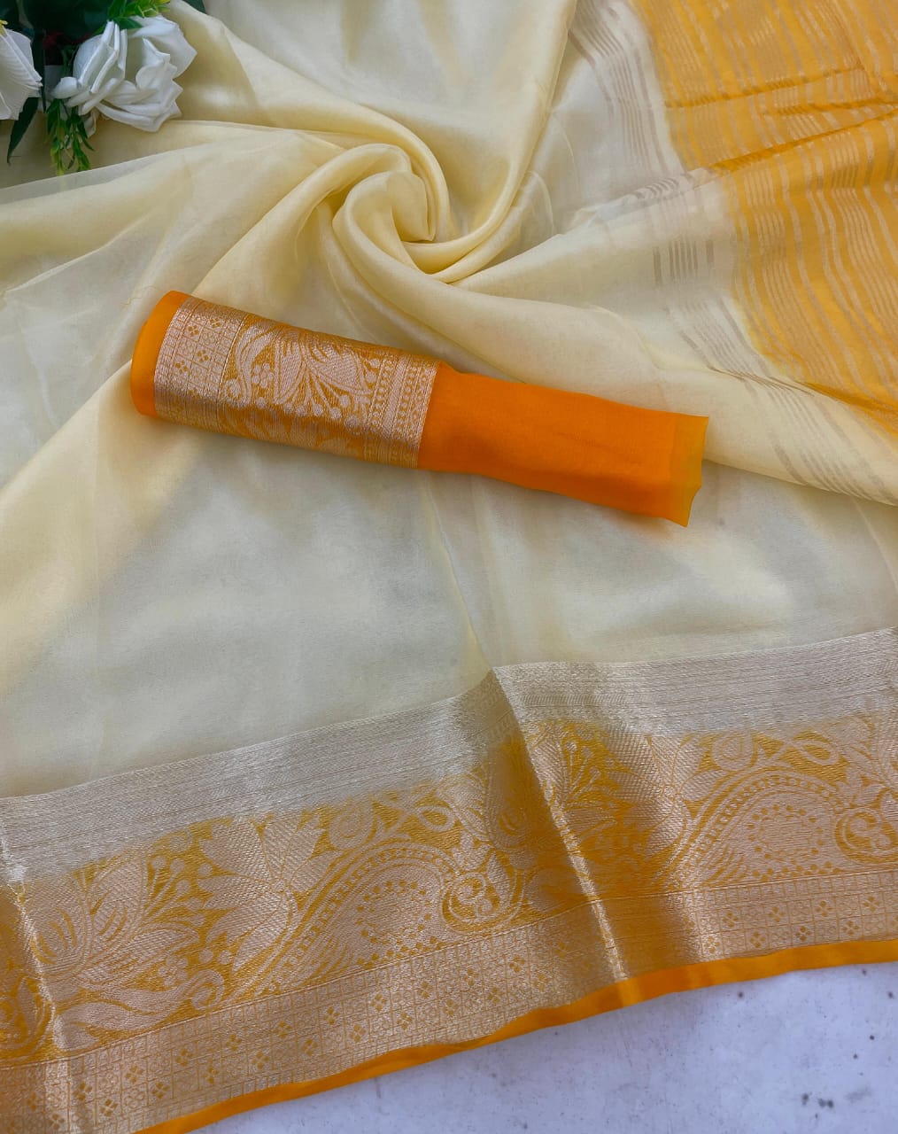 Ebullience White and Orange Orgenza Silk Saree With Fantabulous Blouse Piece