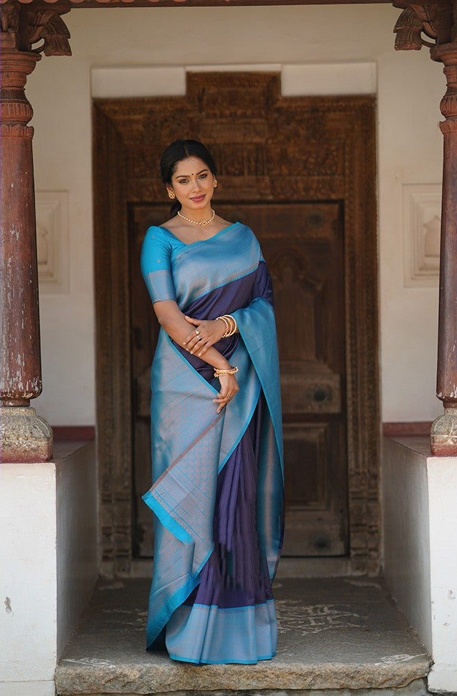 Opulent Navy Blue Soft Silk Saree With Unique Blouse Piece