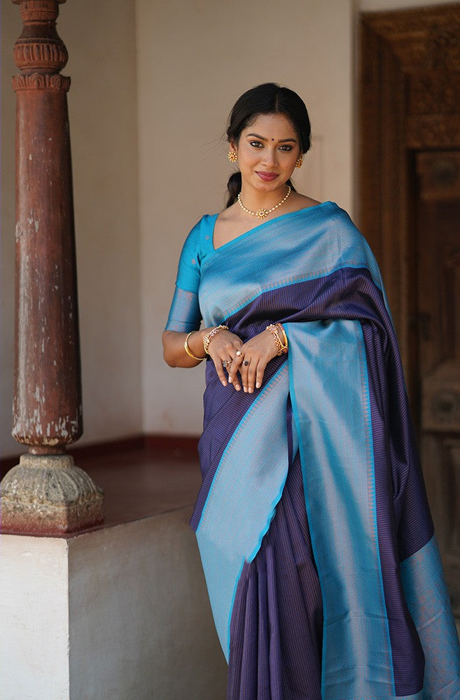 Opulent Navy Blue Soft Silk Saree With Unique Blouse Piece