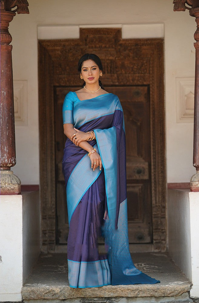 Opulent Navy Blue Soft Silk Saree With Unique Blouse Piece