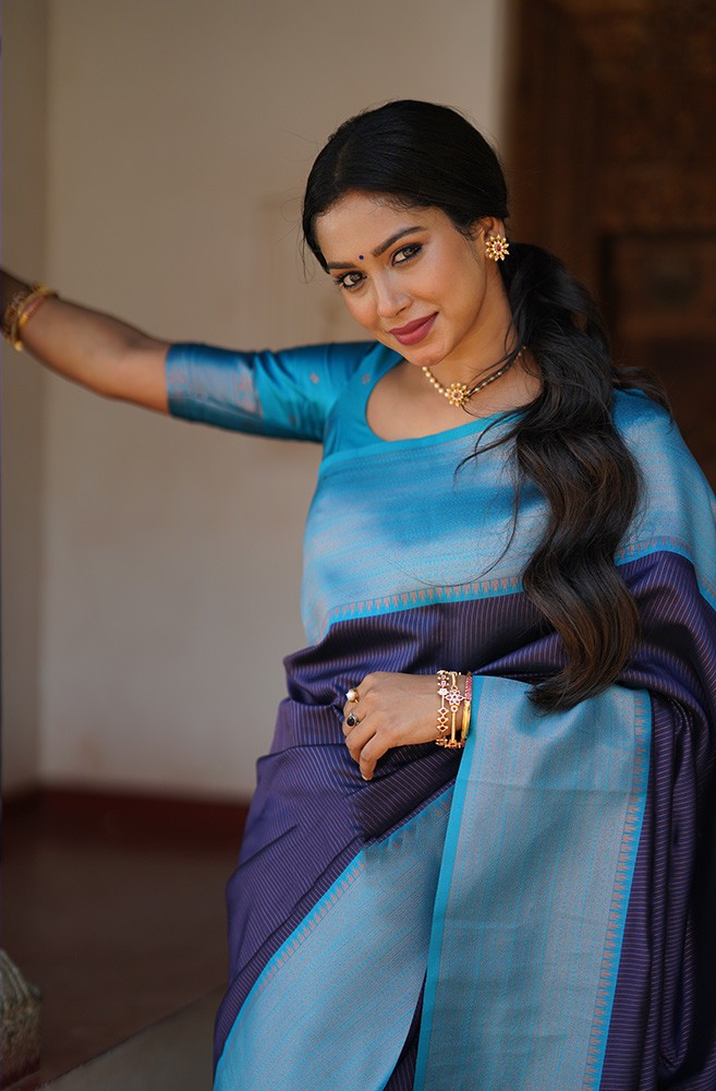 Opulent Navy Blue Soft Silk Saree With Unique Blouse Piece