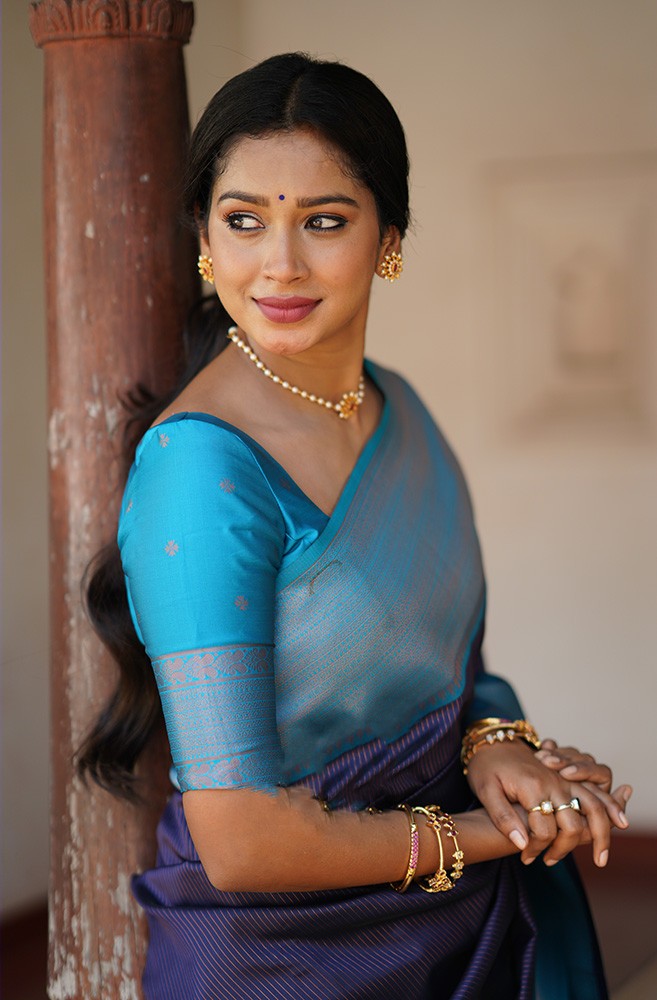 Opulent Navy Blue Soft Silk Saree With Unique Blouse Piece