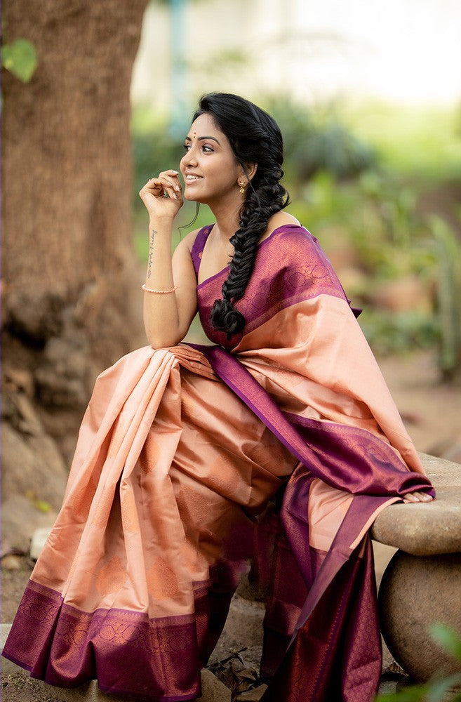 Most Flattering Peach Soft Silk Saree With Stunner Blouse Piece