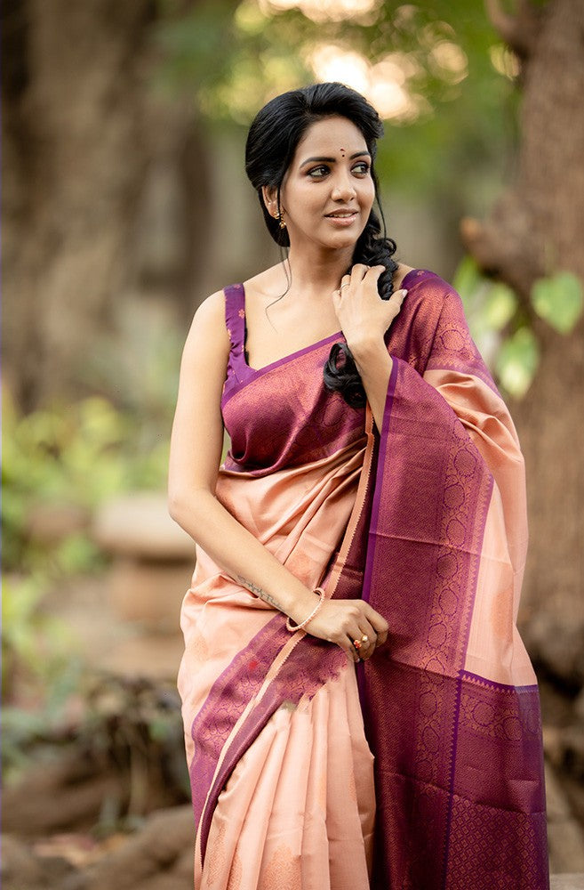 Most Flattering Peach Soft Silk Saree With Stunner Blouse Piece