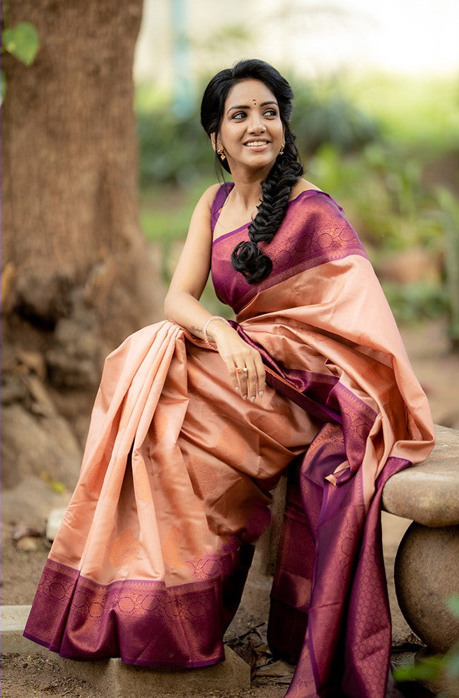 Most Flattering Peach Soft Silk Saree With Stunner Blouse Piece