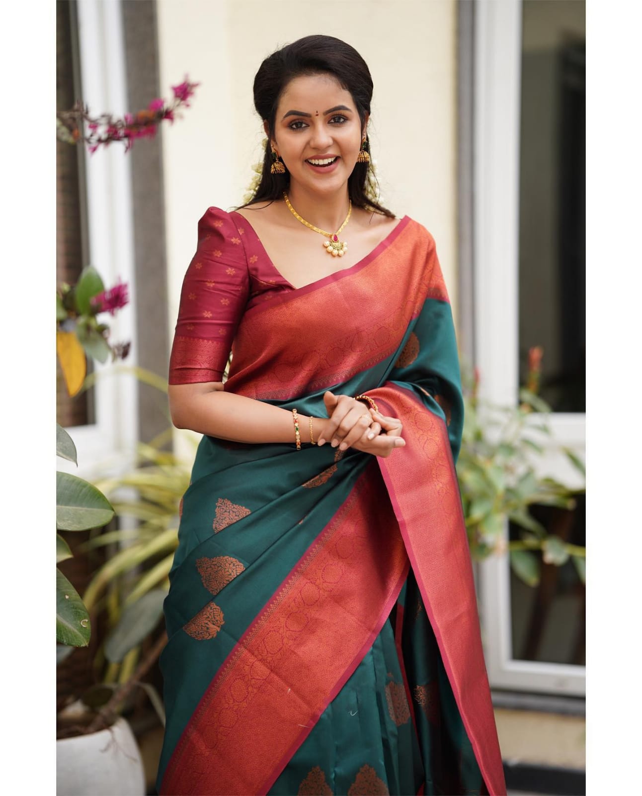 Mellifluous Rama Soft Silk Saree With Nemesis Blouse Piece