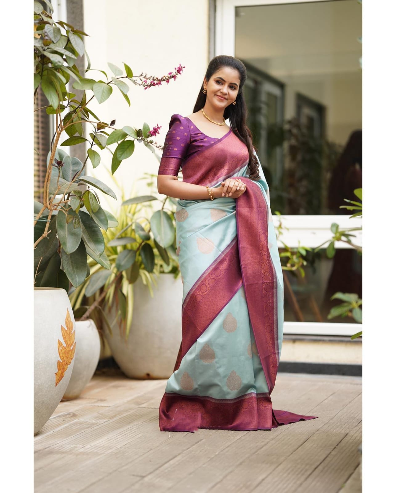 Moiety Sky Soft Silk Saree With Palimpsest Blouse Piece