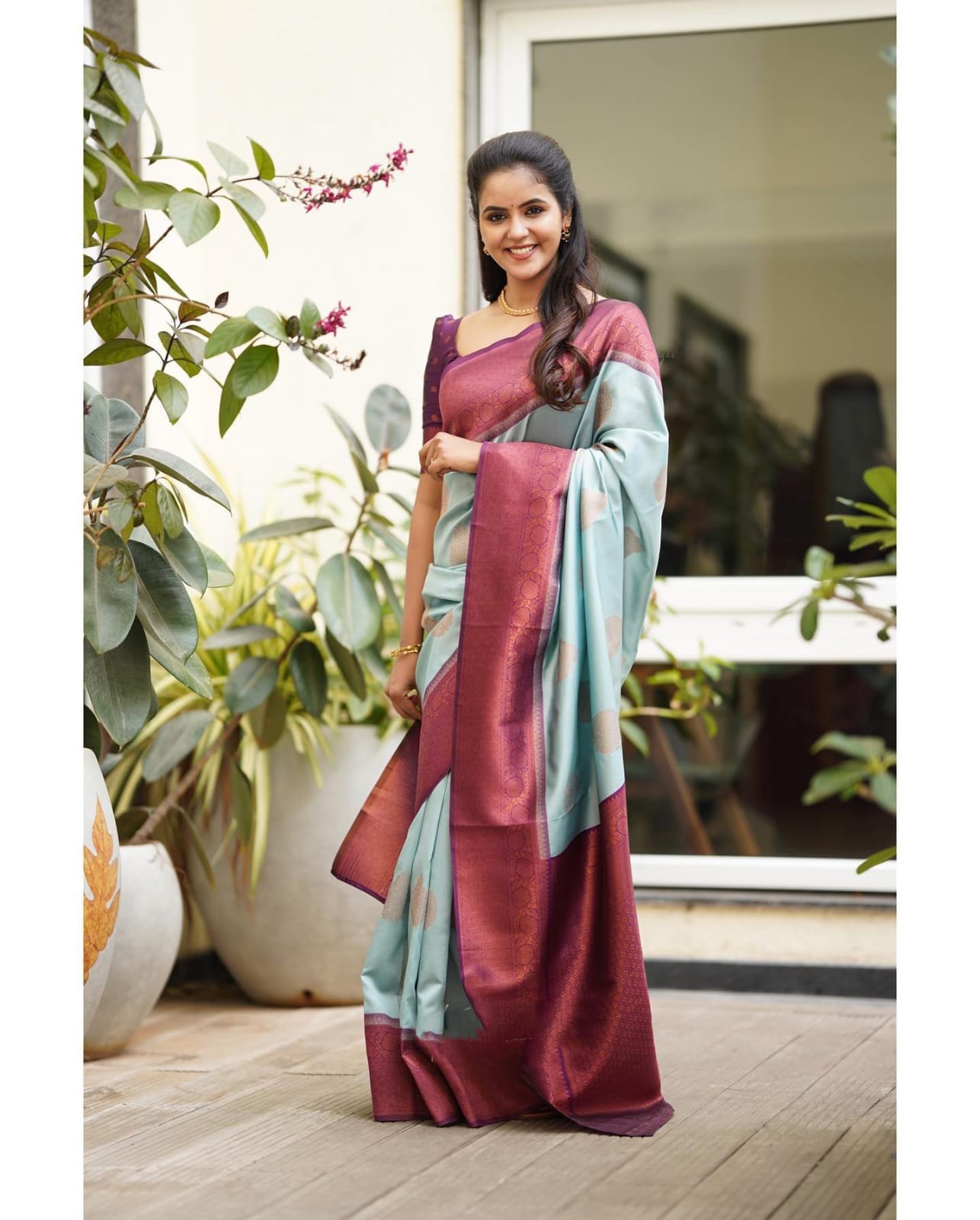 Moiety Sky Soft Silk Saree With Palimpsest Blouse Piece