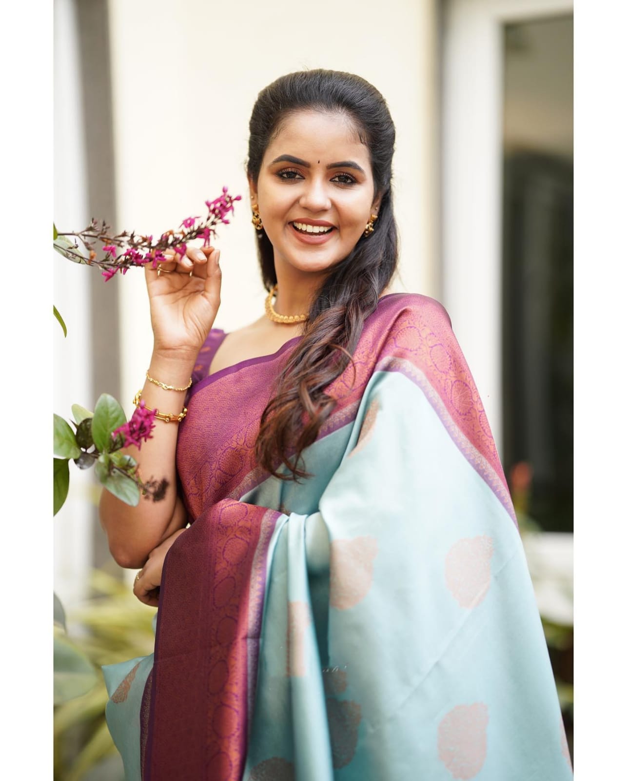 Moiety Sky Soft Silk Saree With Palimpsest Blouse Piece