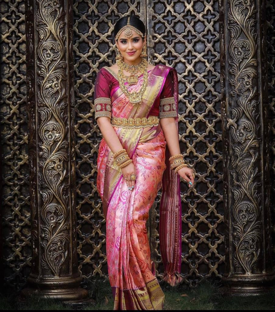 Blooming Pink Soft Banarasi Silk Saree With Dalliance Blouse Piece