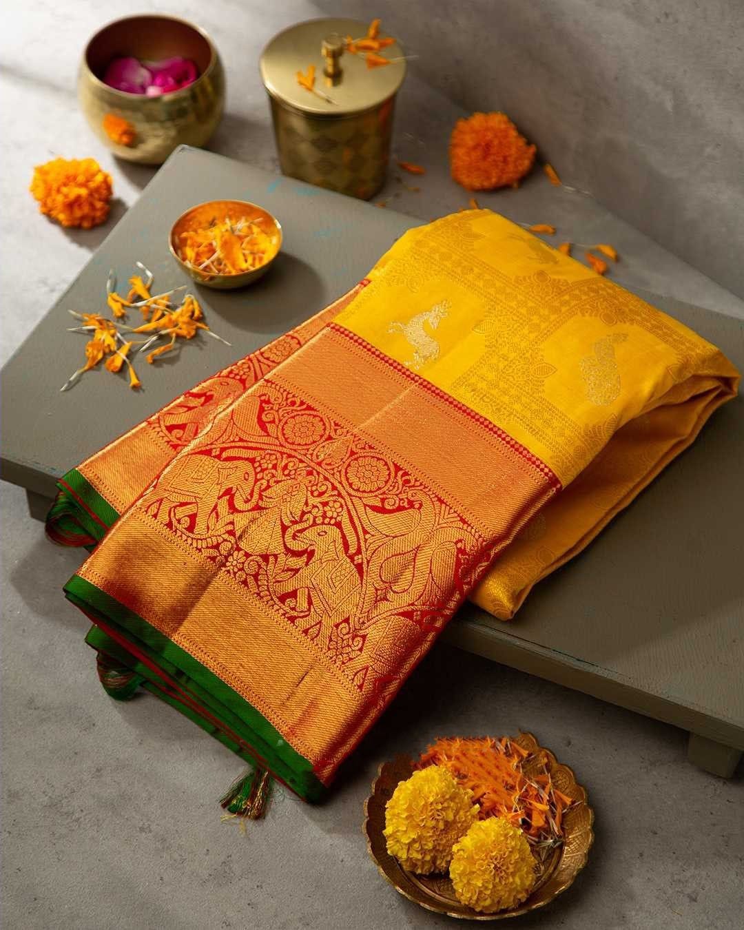 Preferable Yellow Soft Banarasi Silk Saree With Fugacious Blouse Piece