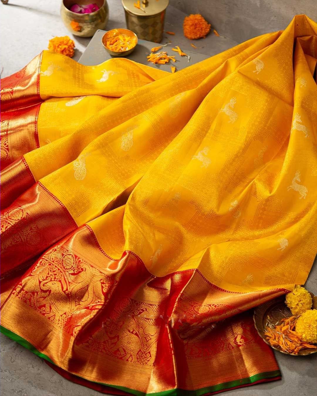 Preferable Yellow Soft Banarasi Silk Saree With Fugacious Blouse Piece