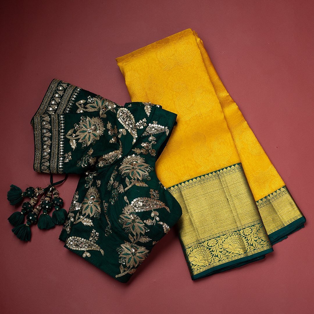 Redolent Yellow Soft Banarasi Silk Saree With Ornate Two Blouse Piece