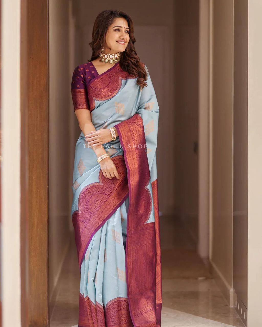 Desultory Sky Soft Silk Saree With Ebullience Blouse Piece