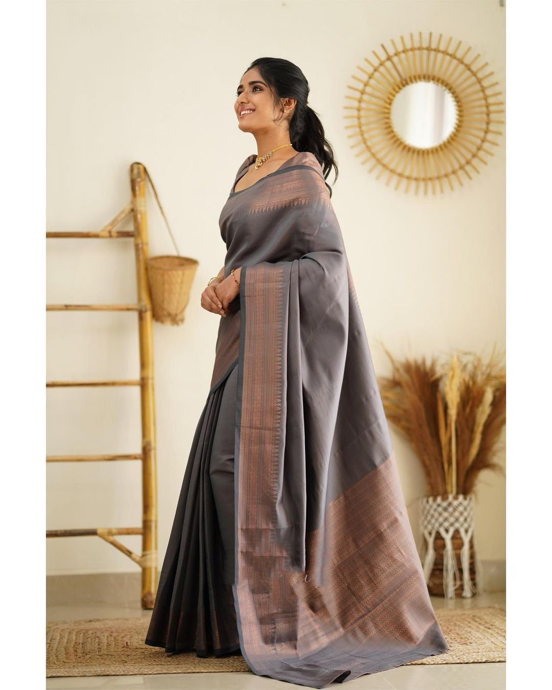 Forbearance Grey Soft Silk Saree With Imbrication Blouse Piece